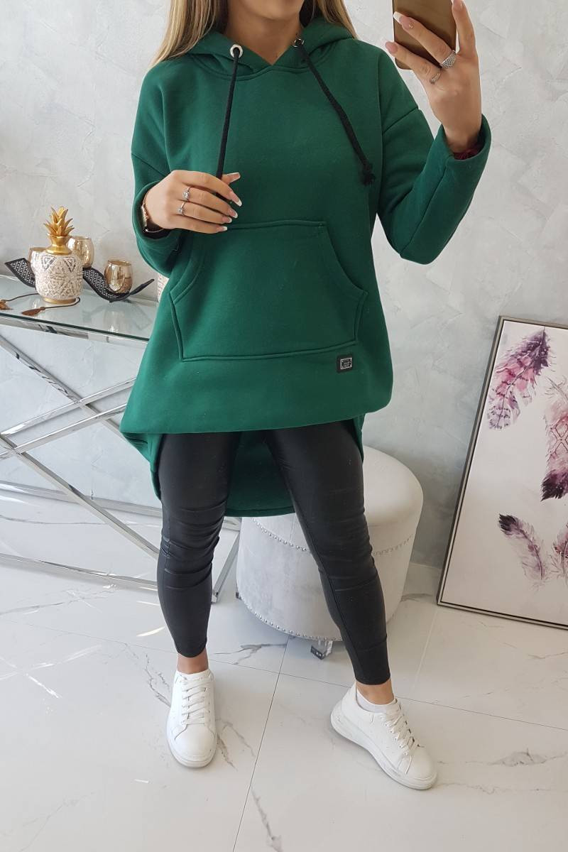 Padded sweatshirt with a long back and hood dark green