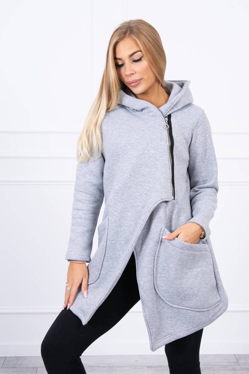 Insulated sweatshirt with asymmetrical zipper in gray color