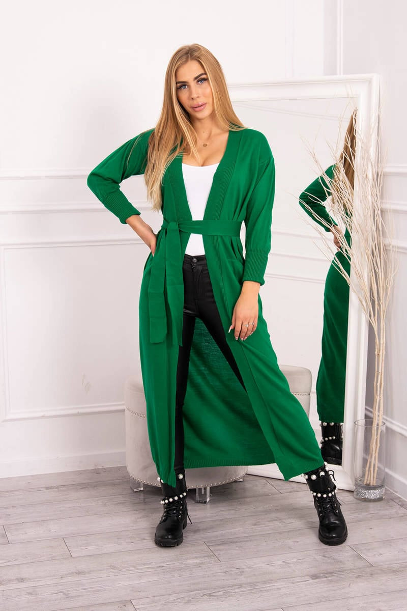 Long sweater with waist tie in green color