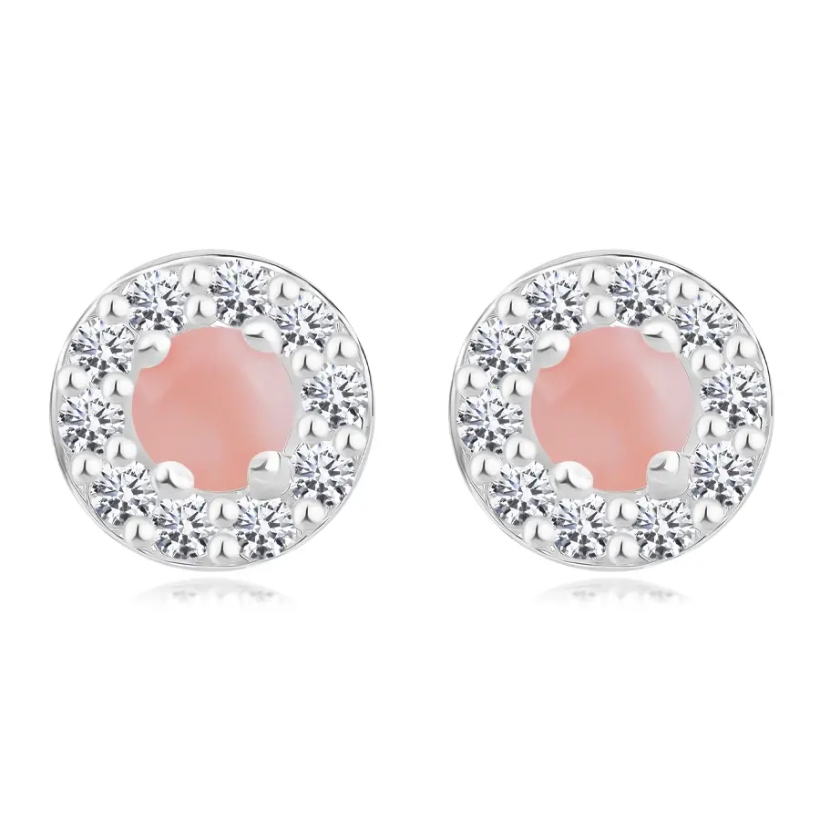 Strieborné 925 náušnice - ružový opál, okrúhla obruba s čírymi zirkónmi