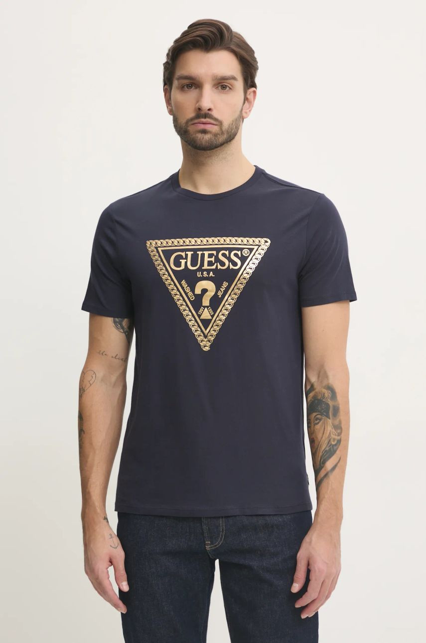 Bavlnené tričko Guess pánske, tmavomodrá farba, s potlačou, M5RI49 K9RM1