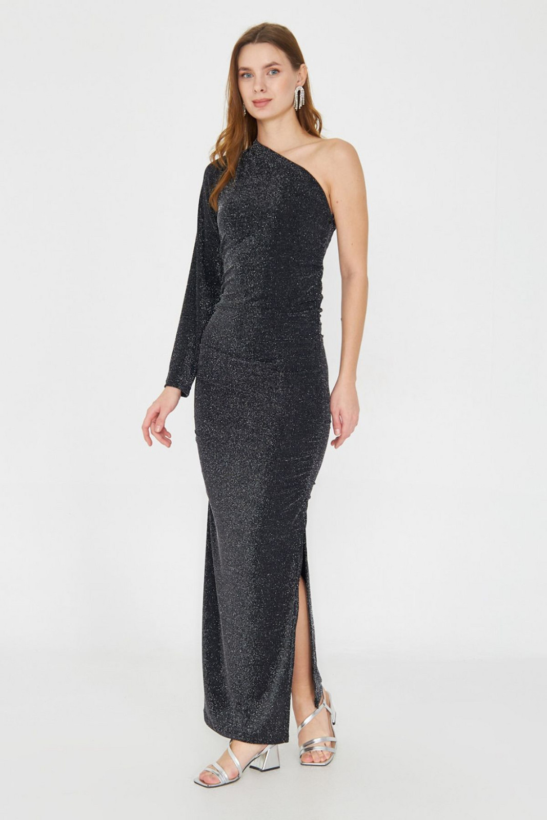 Trendyol Anthracite Body-Smooth Single Sleeve Glittery Knitted Midi Dress