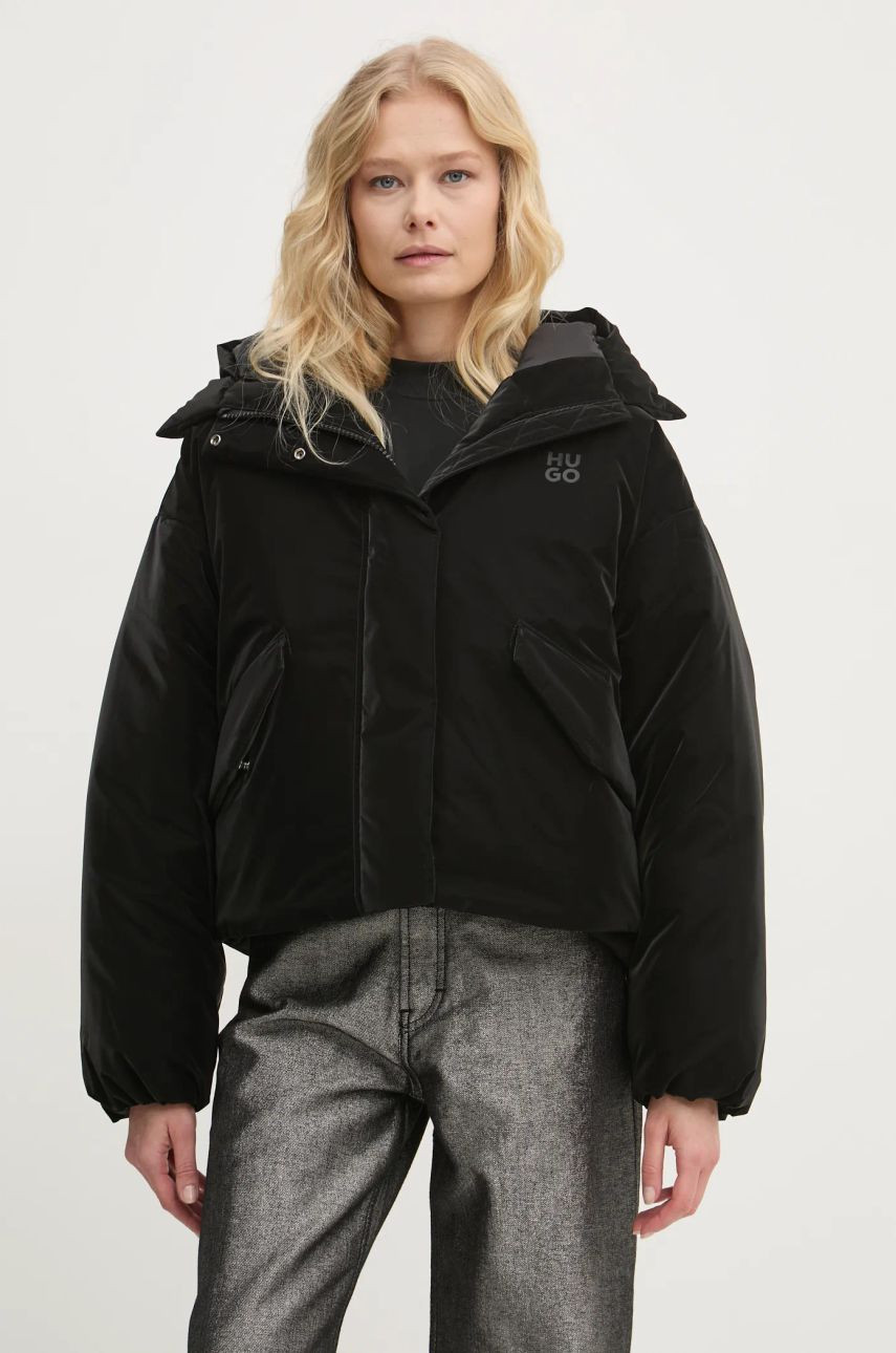 Bunda HUGO dámska, čierna farba, zimná, oversize, 50521377