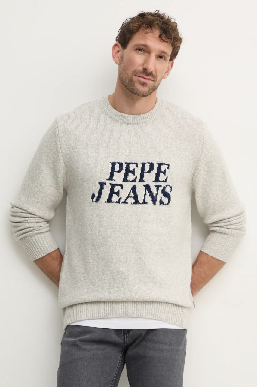 Sveter s prímesou vlny Pepe Jeans LUKA pánsky, šedá farba, PM702499
