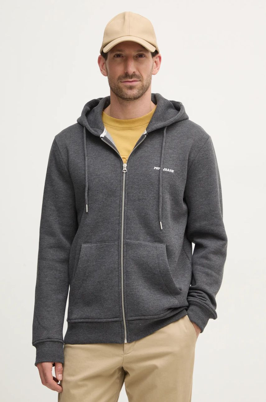 Mikina Pepe Jeans DAMIAN ZIP pánska, šedá farba, s kapucňou, jednofarebná, PM582752