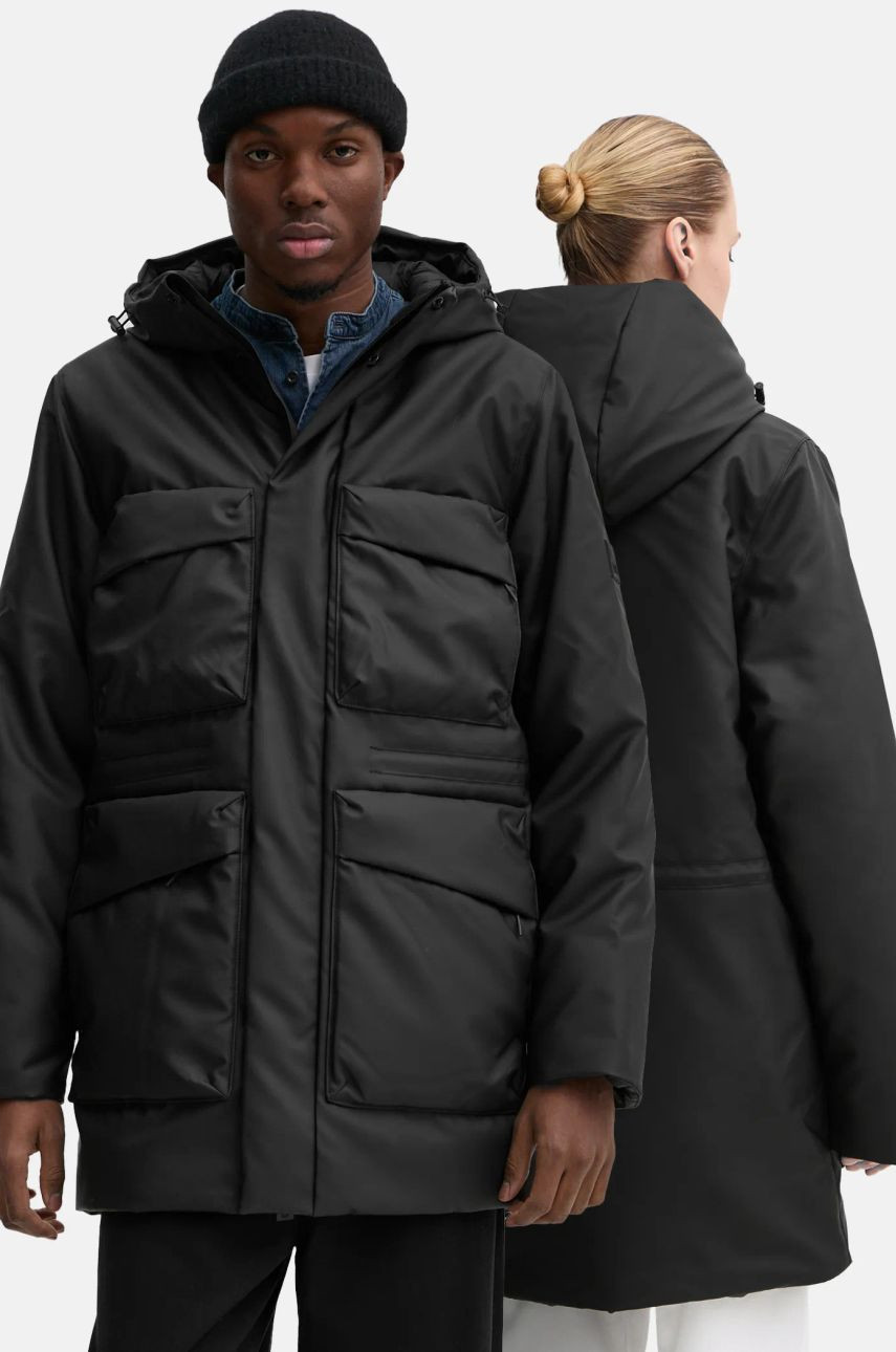Bunda Rains Askim Long Insulated Cargo Jacket W3T4 čierna farba, zimná, oversize, 15930-01