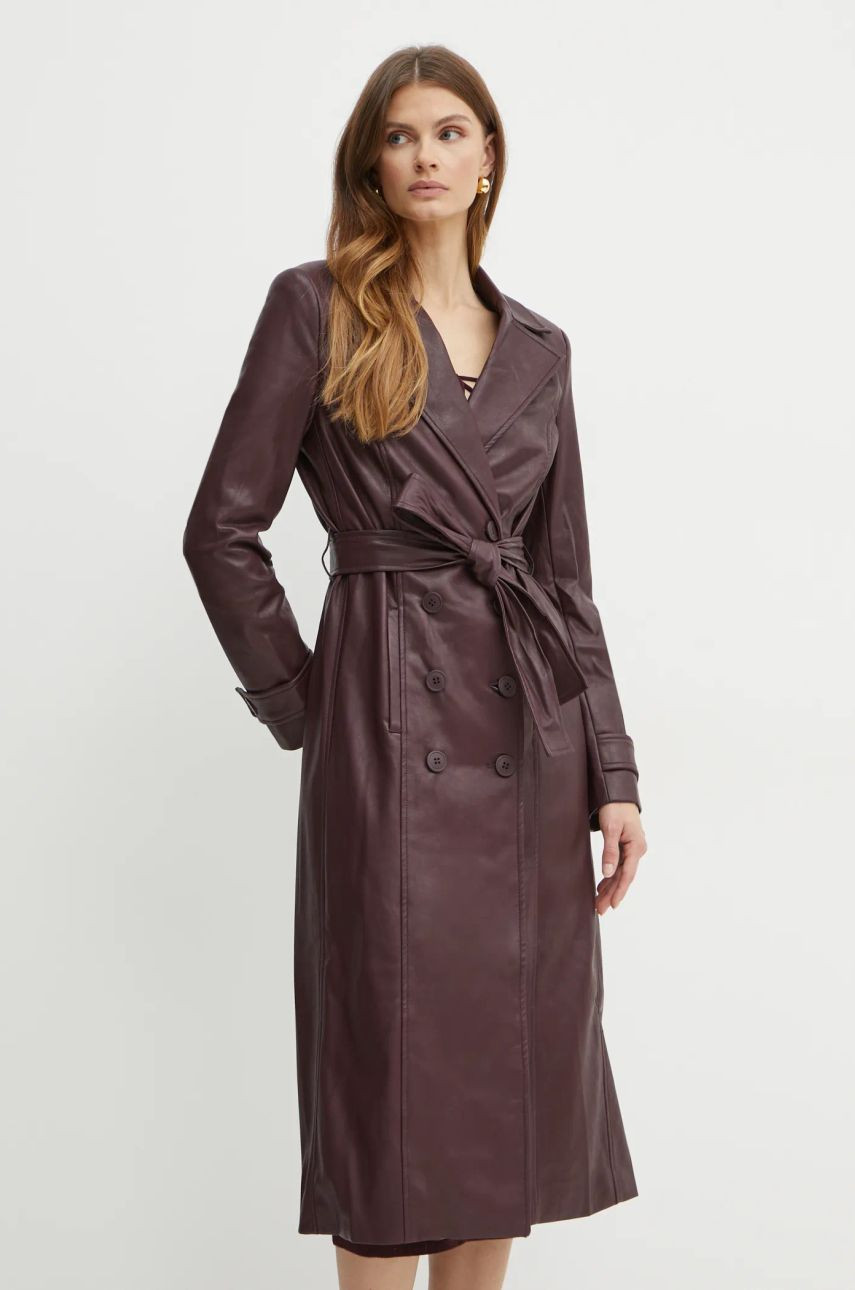 Kabát Bardot VEGAN LEATHER dámsky, bordová farba, prechodný, dvojradový, 59549JB