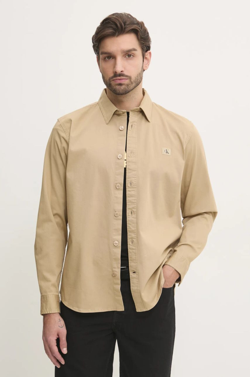 Košeľa Calvin Klein Jeans pánska, béžová farba, regular, s klasickým golierom, J30J327585