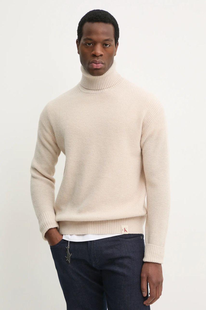Vlnený sveter Calvin Klein Jeans pánsky, béžová farba, s rolákom, J30J326739
