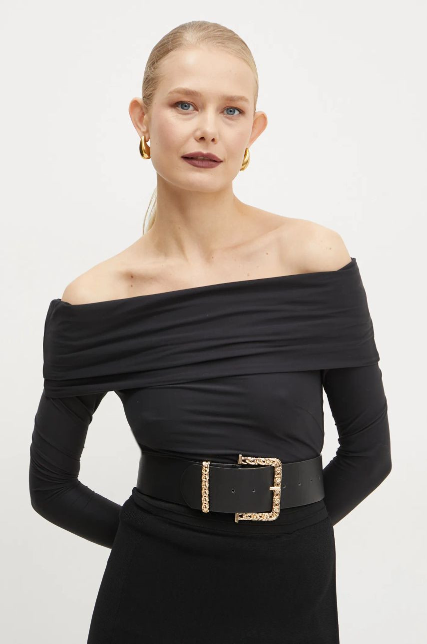 Tričko s dlhým rukávom Guess ABBY dámske, čierna farba, španielsky výstrih, W5RP07 KCDE0