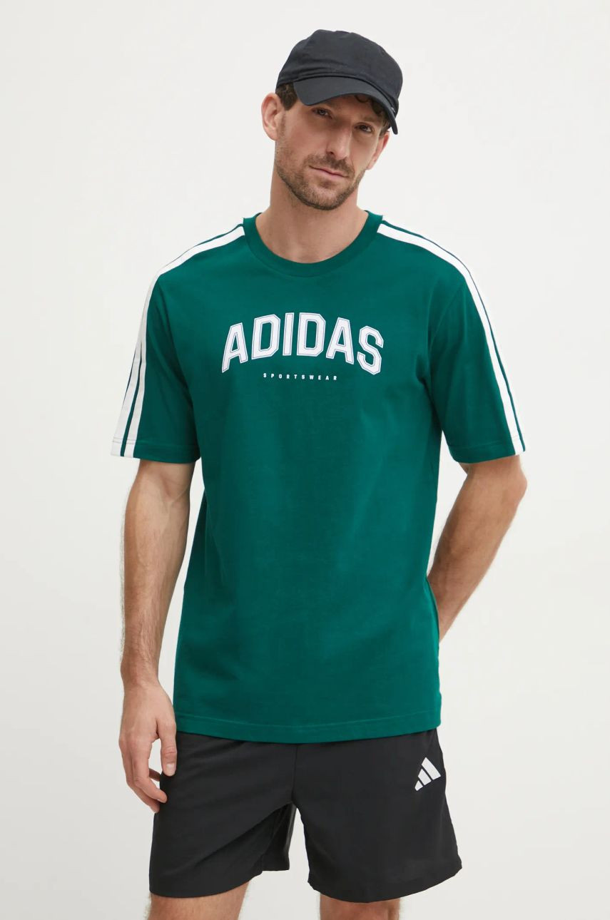 Bavlnené tričko adidas M C COLLE Collegiate pánske, zelená farba, s potlačou, JJ3869