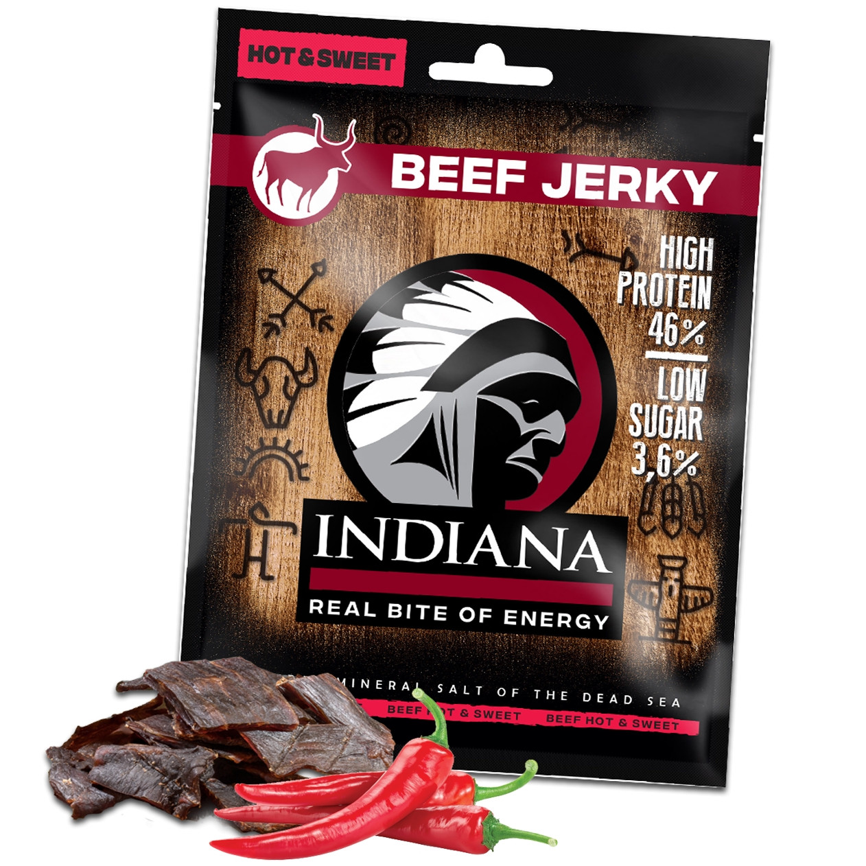 Sušené mäso Indiana Jerky hovädzie Hot & Sweet 25g - min. trvanlivosť do 30.11.2024