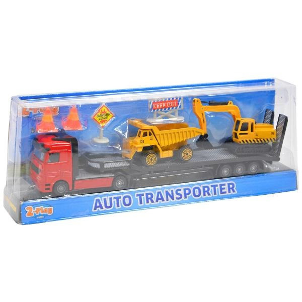 Kovový autotransporter s bagrom a vyklápačom