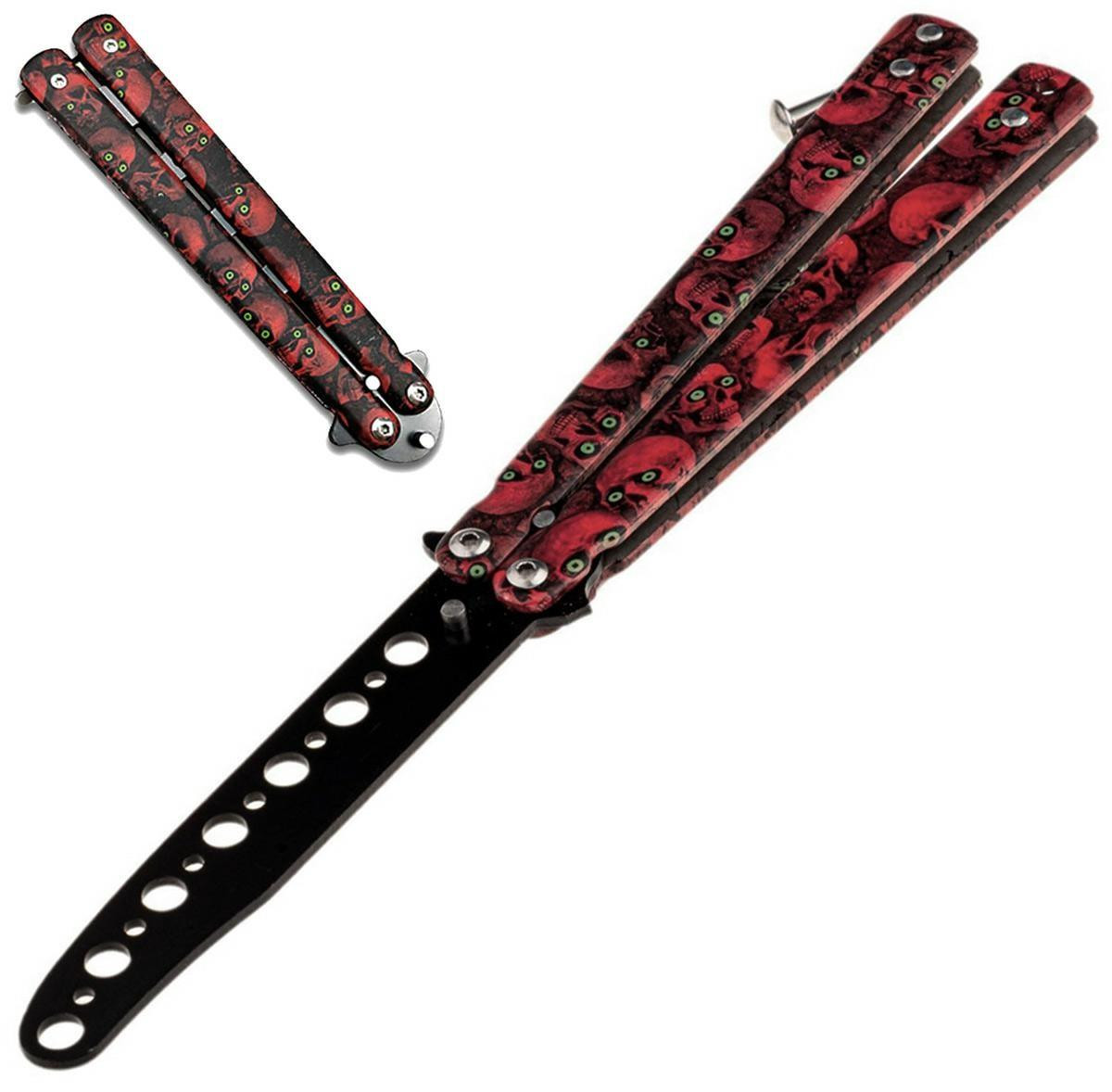 Tréningový vreckový skladací motýlik, Red Skulls, 23,5 cm