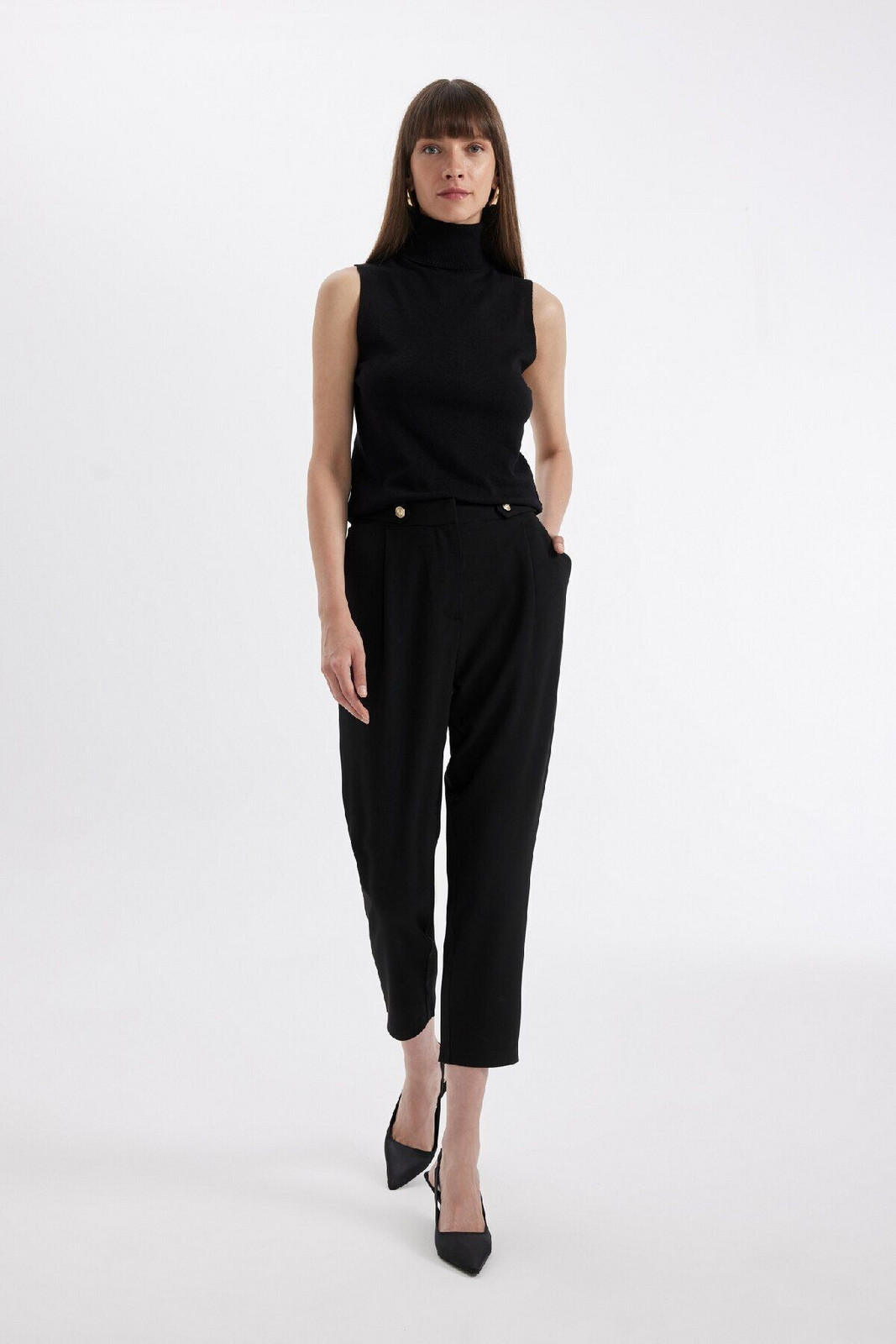 DEFACTO Black Classic Chino Pants Carrot Fit Basic Plain Pocket High Waist