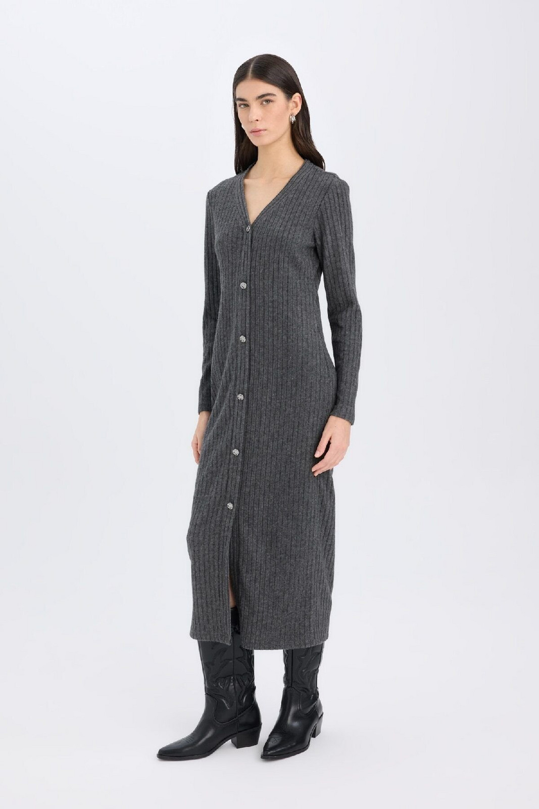 DEFACTO Bodycon Bodycon Basic Plain V Neck Buttoned Ribbed Camisole Midi Long Sleeve Dress