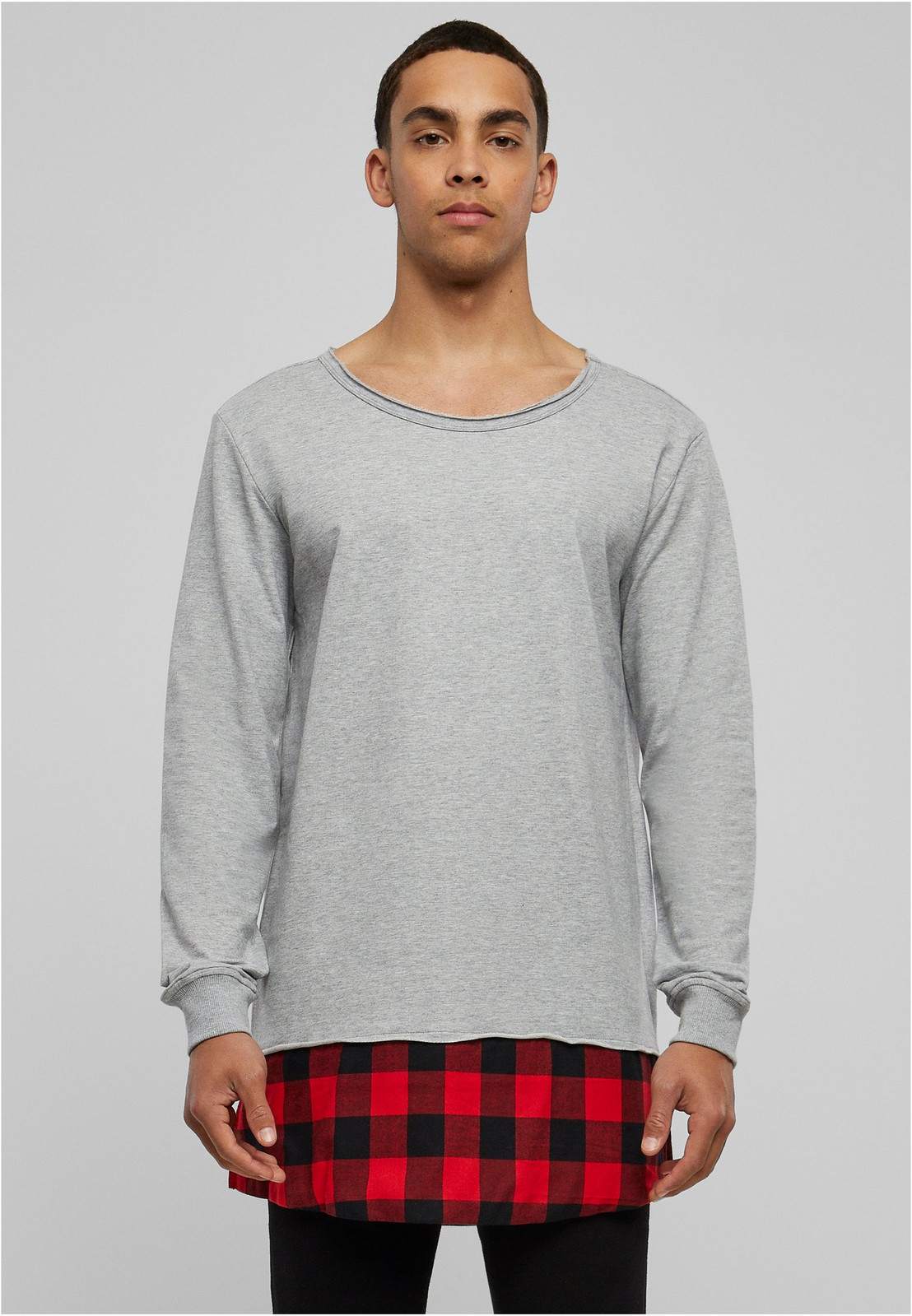 Long Flanell Bottom Open Edge Crewneck Grey/Block/Red