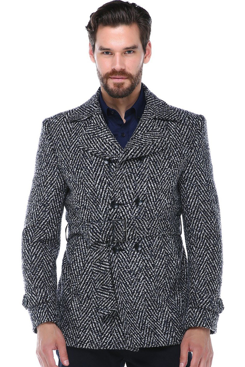 K7539 DEWBERRY SLIM-FIT MEN'S COAT-PATTERNED NAVY BLUE