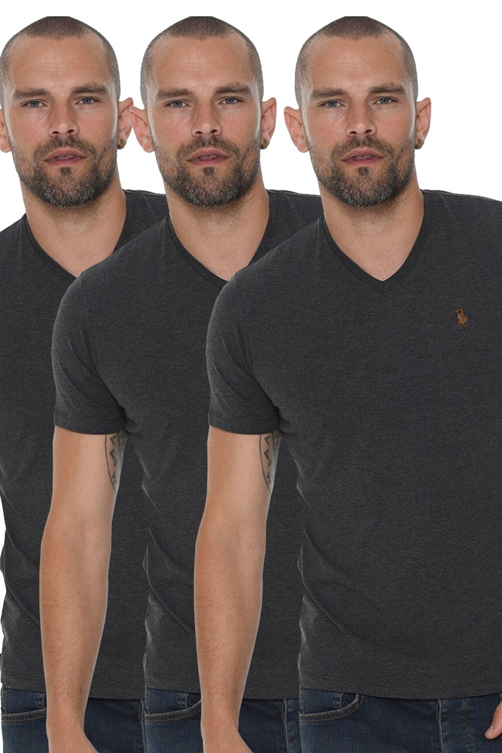 TRIPLE SET T8568 DEWBERRY V-NECK MEN'S T-SHIRT-ANTHRACITE-ANTHRACITE-ANTHRACITE