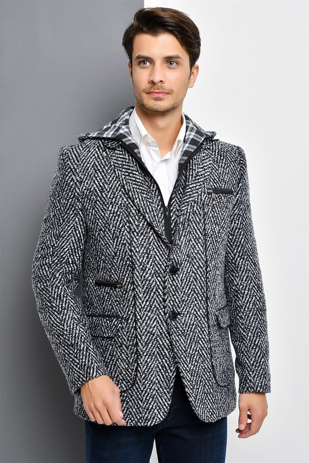 K7540 DEWBERRY MEN'S COAT-PATTERNED NAVY BLUE