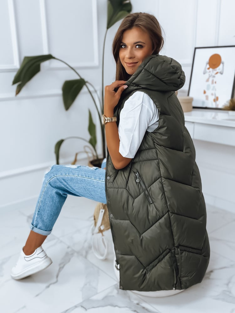 Zelená dámska dlhá prešívaná vesta s kapucňou Dstreet
