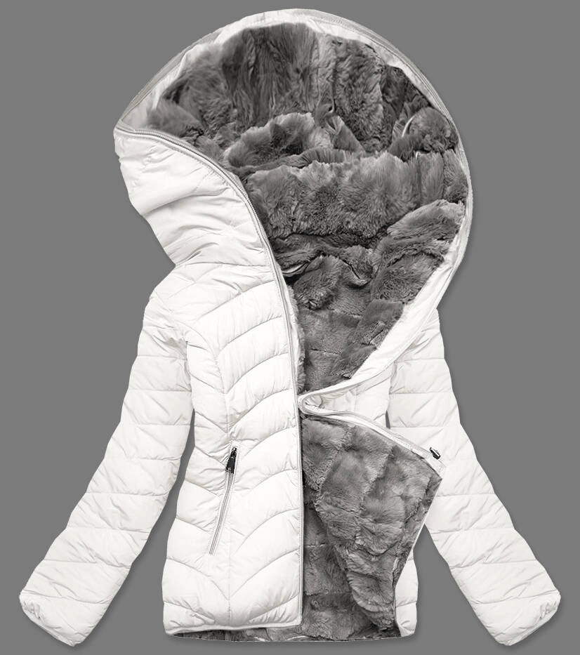 Krémovo-sivá obojstranná krátka dámska zimná bunda (2M-21507) odstíny bílé XXL (44)