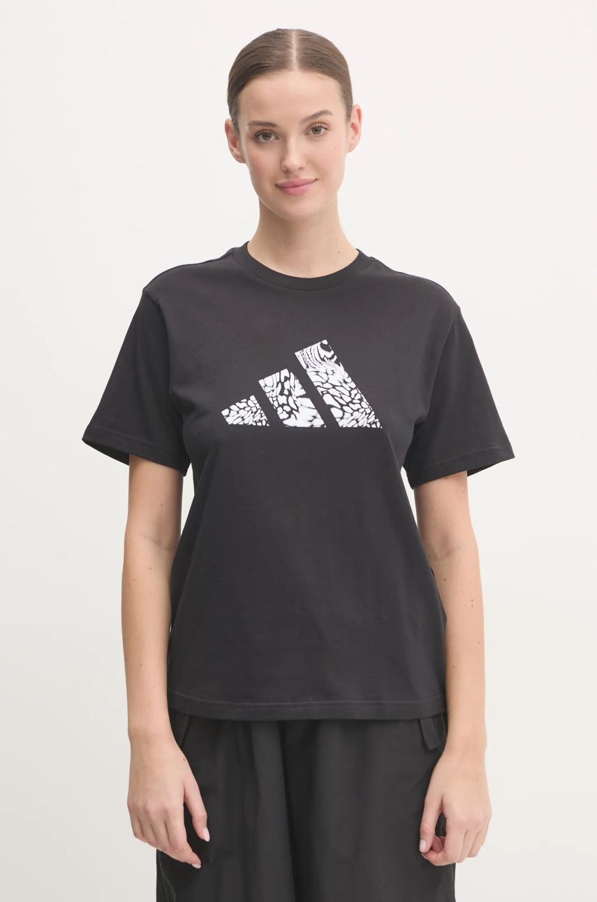 Bavlnené tričko adidas Camo dámske, čierna farba, JJ4110