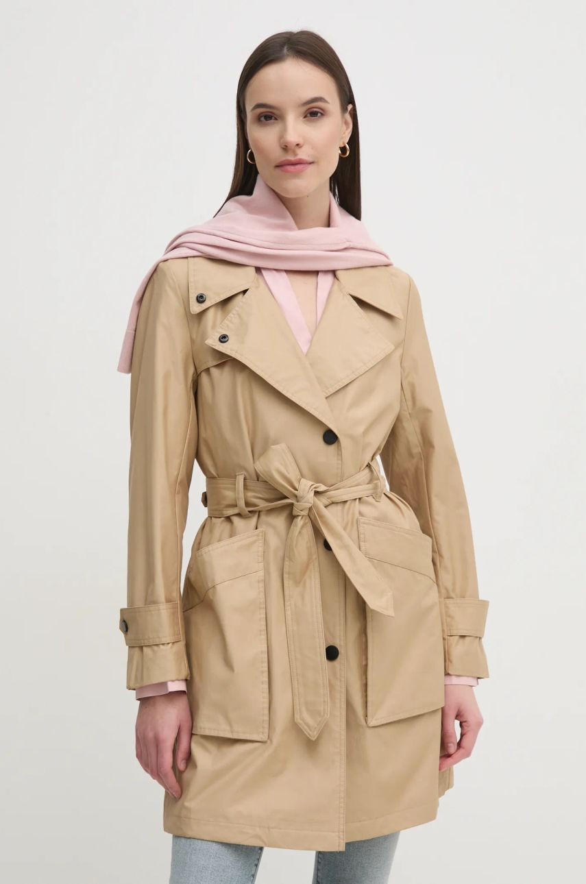 Trenčkot Dkny dámsky, béžová farba, prechodný, DJ4J6024
