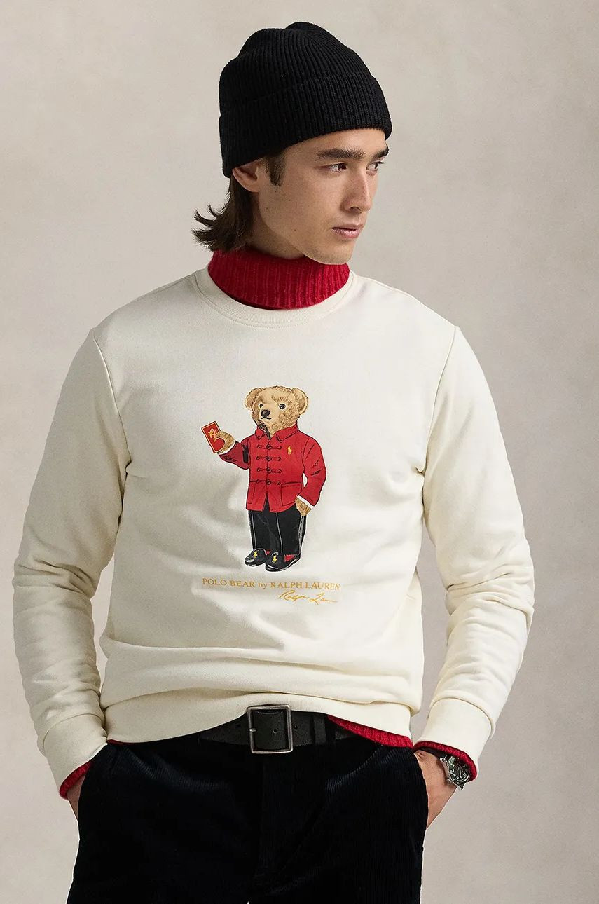 Bavlnená mikina Polo Ralph Lauren pánska, béžová farba, s potlačou, 710961598