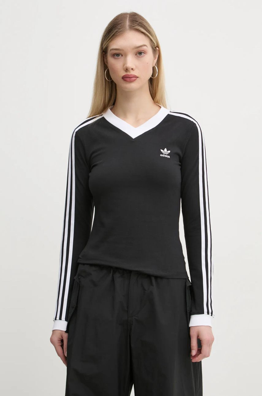 Tričko s dlhým rukávom adidas Originals V-NECK LS dámske, čierna farba, IY7247