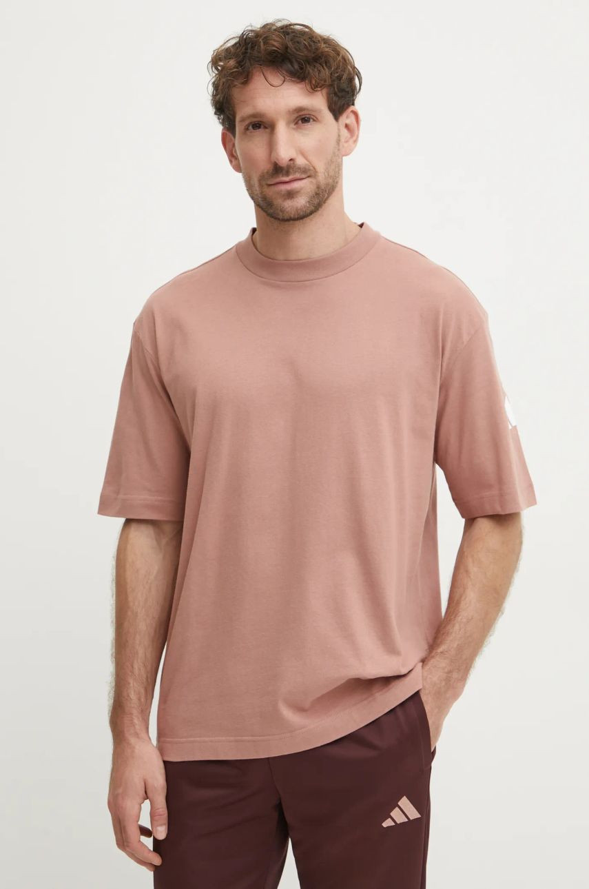 Bavlnené tričko adidas Essentials pánske, oranžová farba, s potlačou, JF3620