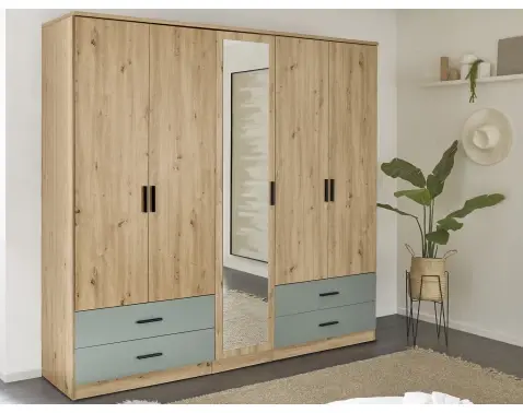 Šatníková skriňa so zrkadlom Savina 225 cm, dub artisan/šalviová%