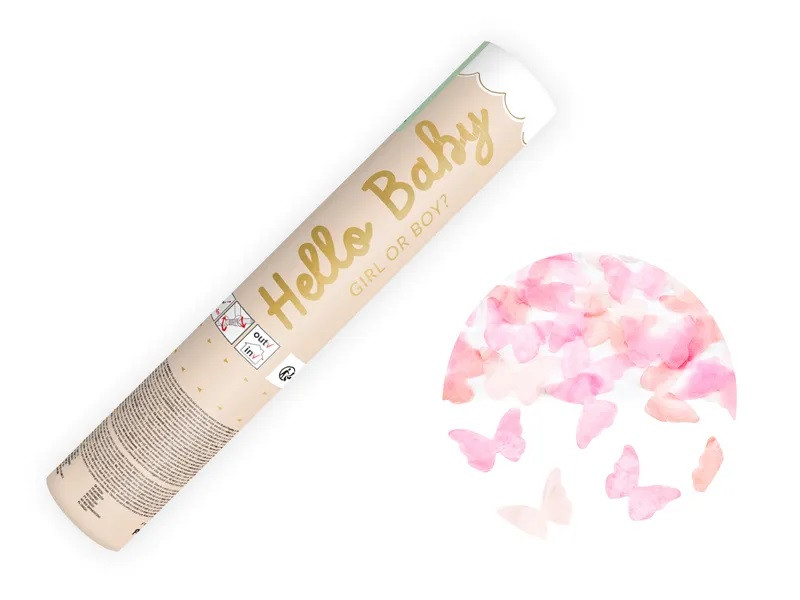 PartyDeco Vystreľovacie konfety Hello Baby - Ružové motýliky 20 cm