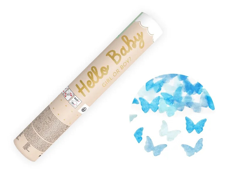 PartyDeco Vystreľovacie konfety Hello Baby - Modré motýliky 20 cm