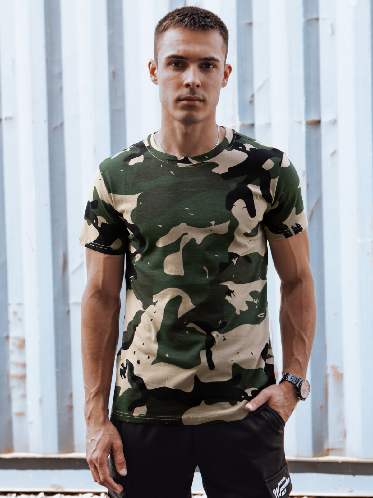 Dstreet RX5599 khaki maskáčové pánske tričko M