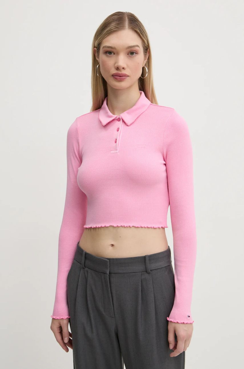 Tričko s dlhým rukávom Tommy Jeans dámske, ružová farba, DW0DW19369