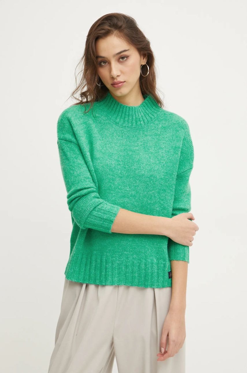 Sveter s prímesou vlny Superdry dámsky, zelená farba, tenký, s polorolákom, W6110551A-GYJ