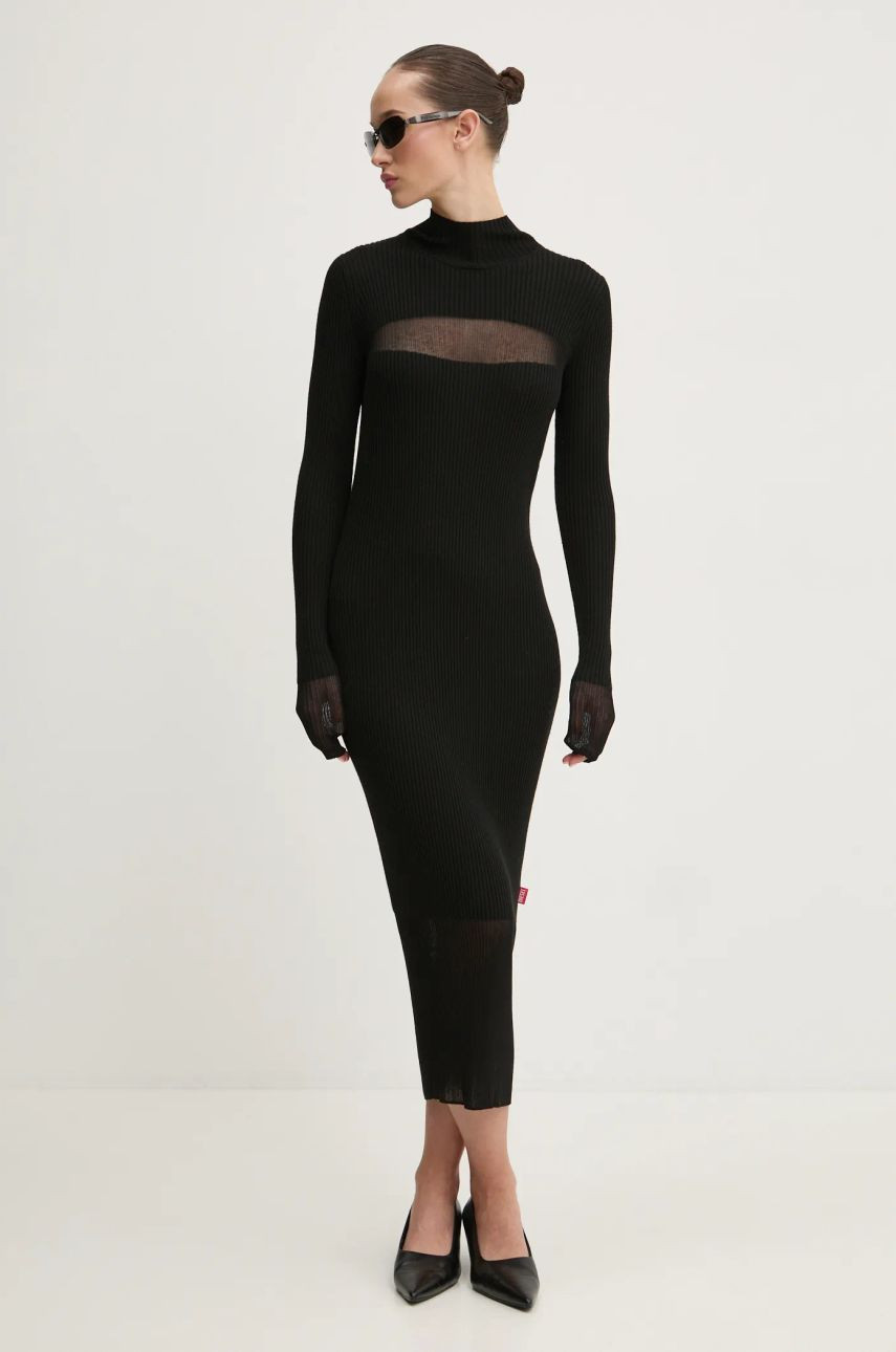 Vlnené šaty Diesel M-SLINT DRESS čierna farba, midi, priliehavé, A16556.0CPAS