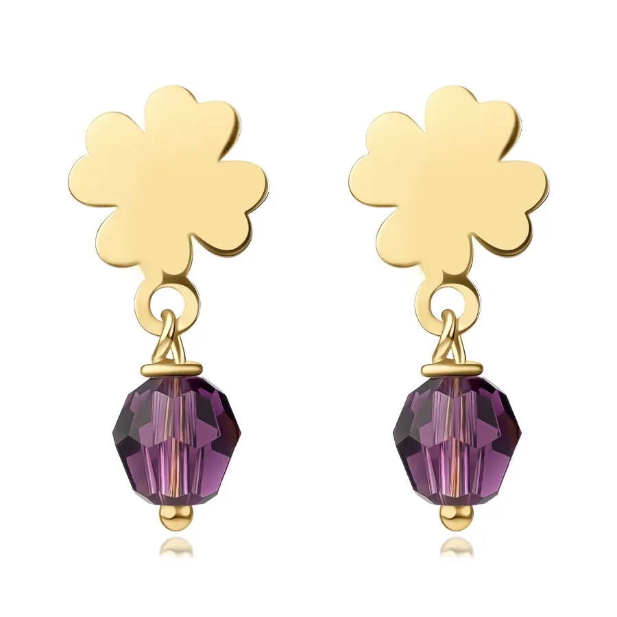 Náušnice zo žltého zlata 375 - plochý štvorlístok, fialový krištáľ Swarovski