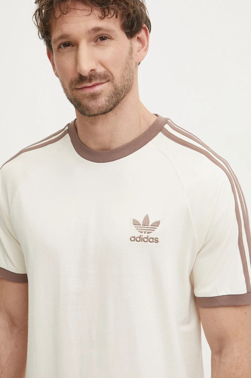 Bavlnené tričko adidas Originals 3-Stripes pánske, béžová farba, vzorované, JN7020