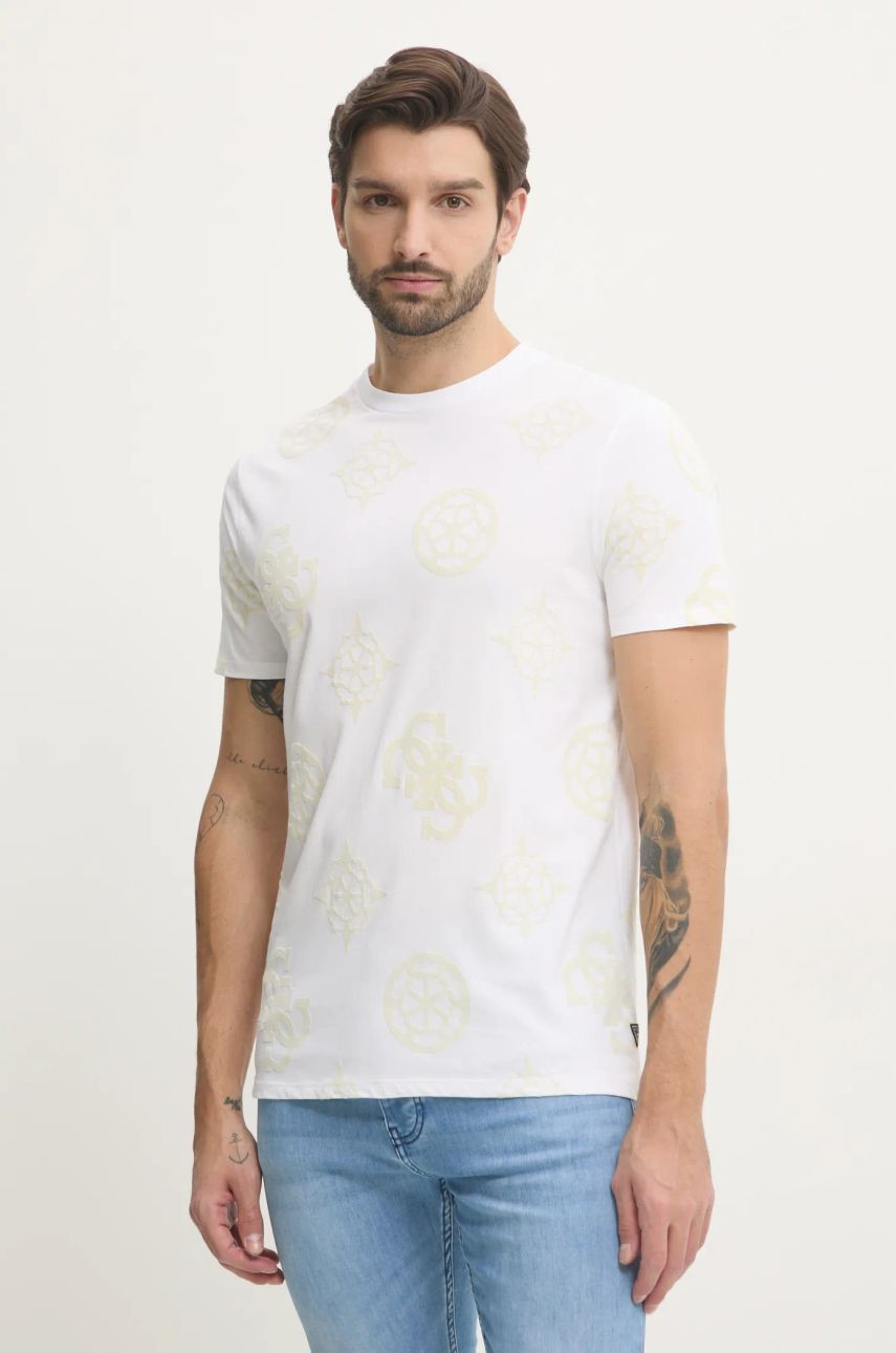 Bavlnené tričko Guess pánske, biela farba, s nášivkou, M5RI46 KBW41