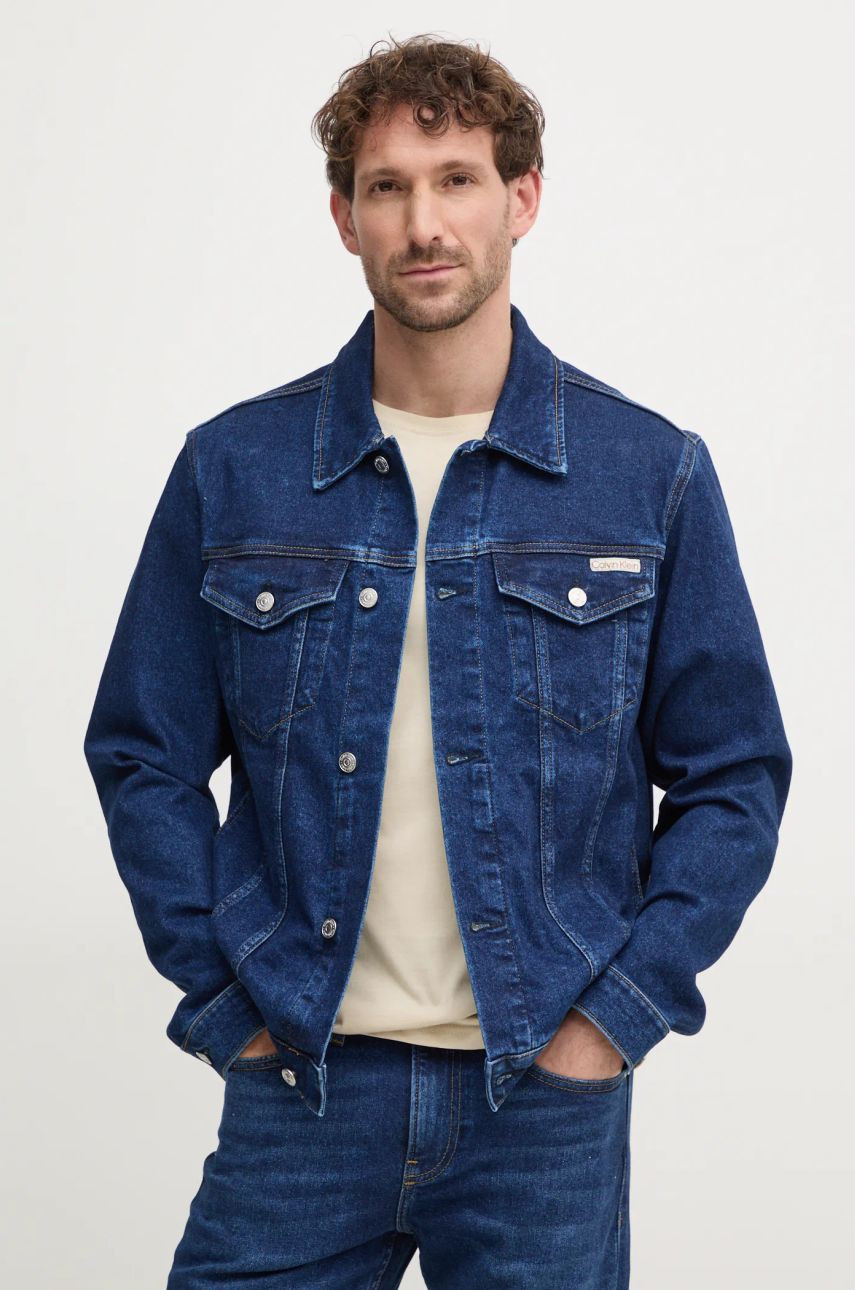 Rifľová bunda Calvin Klein Jeans pánska, tmavomodrá farba, prechodná, J30J326553