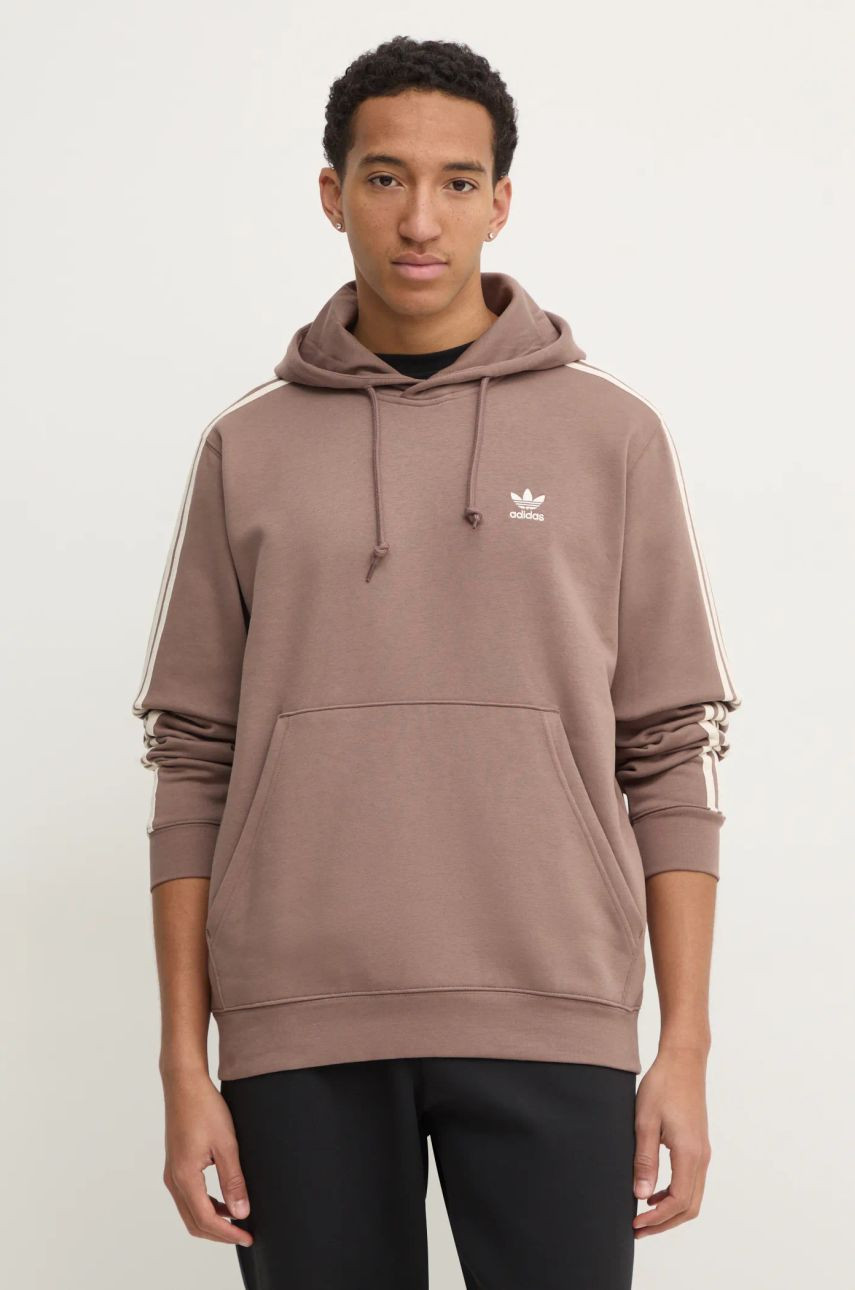 Mikina adidas Originals 3-Stripes pánska, hnedá farba, s kapucňou, s nášivkou, JP1000