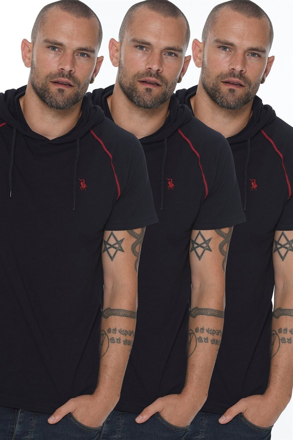 TRIPLE SET T8570 DEWBERRY HOODED MEN'S T-SHIRT-NAVY-NAVY-NAVY