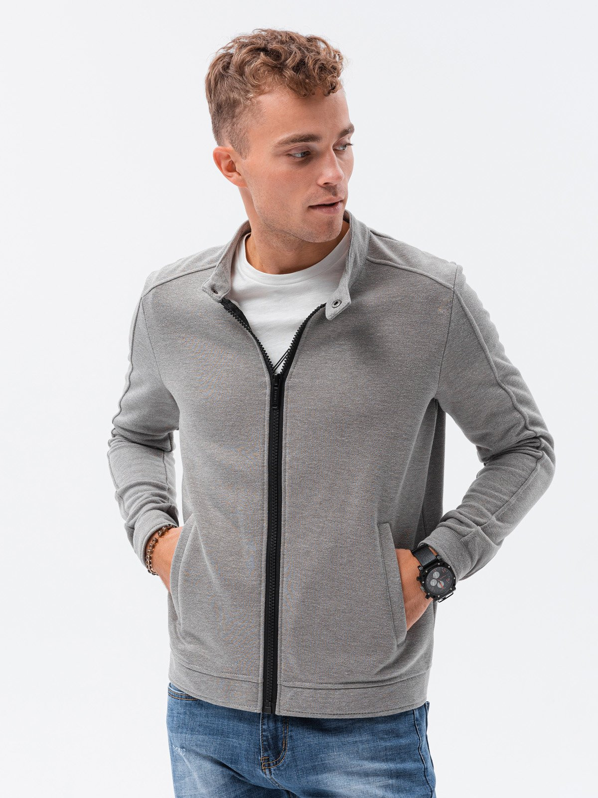 Ombre Men's unbuttoned sweatshirt with stand-up collar - grey melange