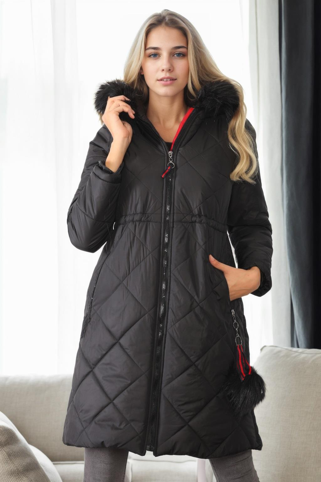 Z6646 DEWBERRYN FUR POMPOM LADIES' COAT-BLACK-1
