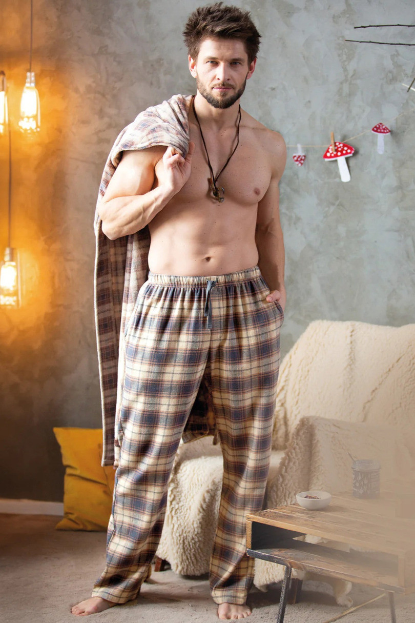 Pánske pyžamové nohavice Key MHT 402 B24 M-2XL béžová mřížka M