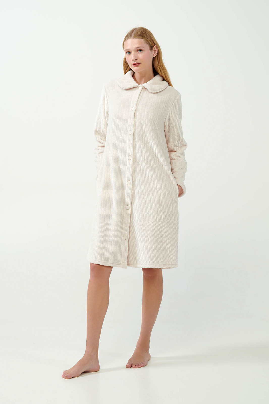 Vamp - Fleecový župan na gombíky 21362 - Vamp beige skin S