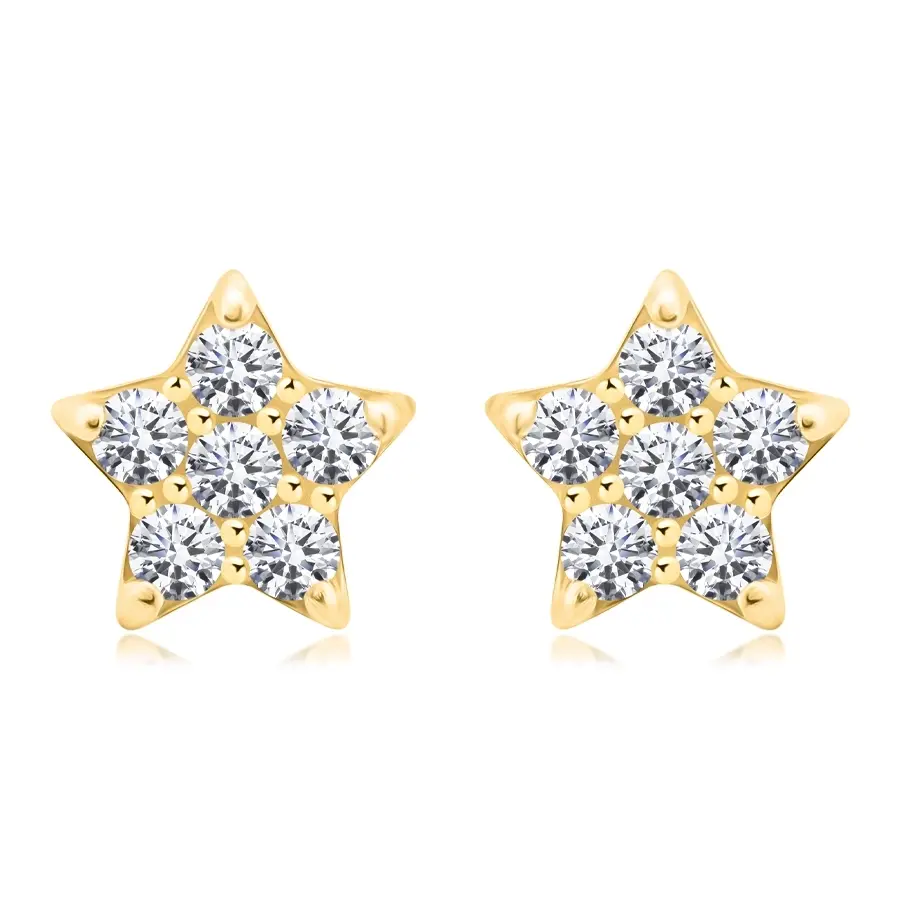 Puzetové náušnice v žltom 9K zlate - hviezdy s čírymi zirkónmi