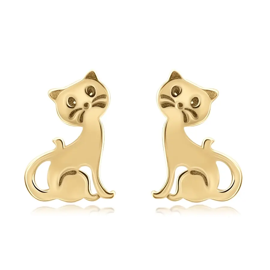 Puzetové náušnice zo žltého 9K zlata - mačka s gravírovanými detailmi